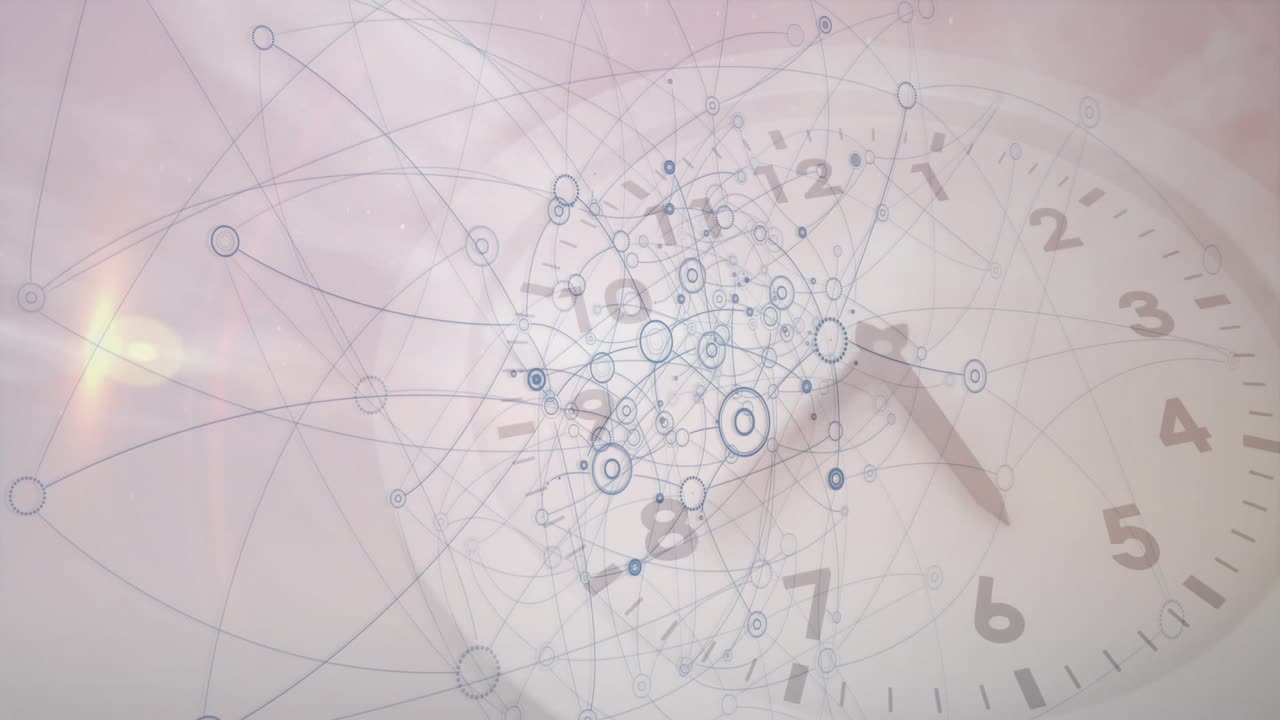 Animazione di connessioni di rete su un quadrante di orologio, che rappresenta il tempo e la tecnologia