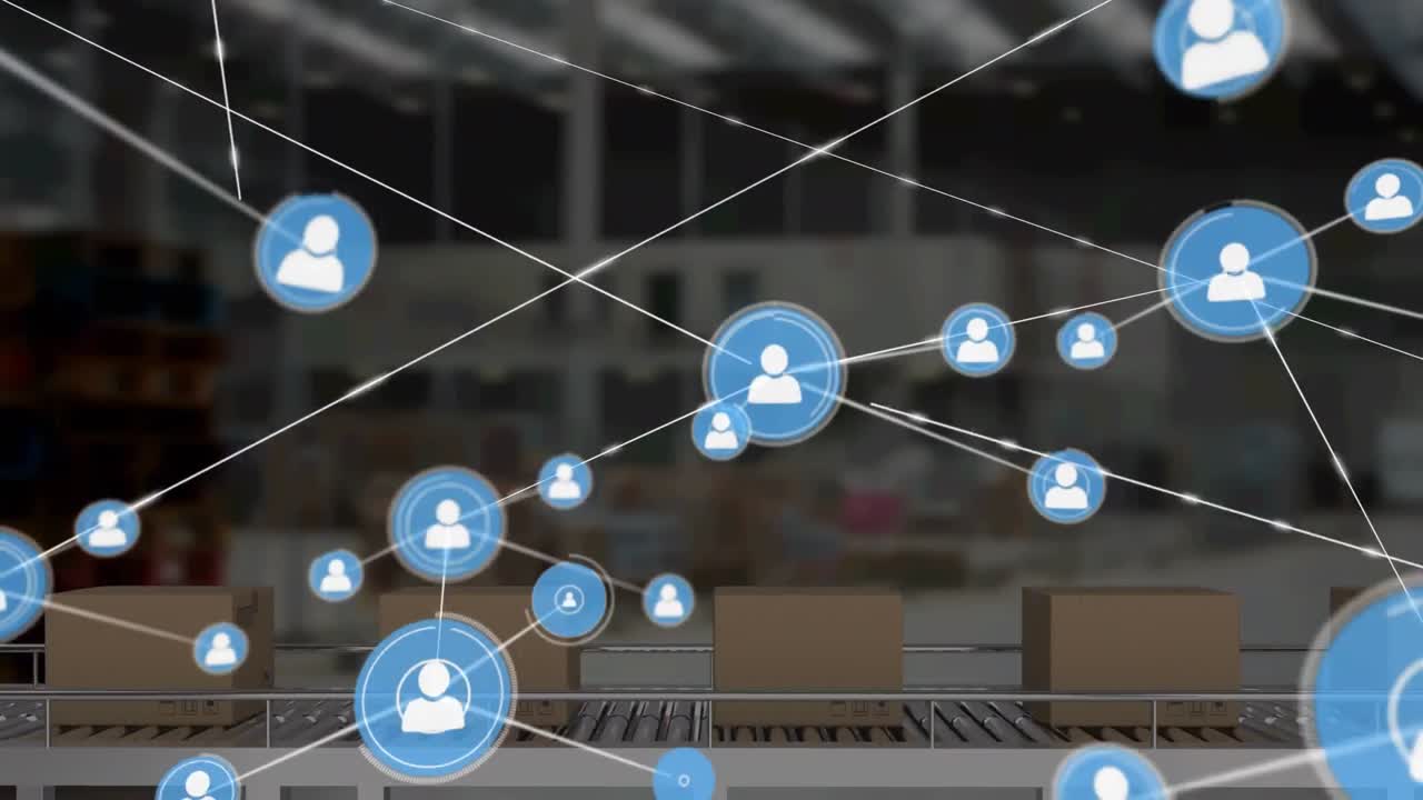 animación de la red de conexiones con iconos sobre cajas en cintas transportadoras