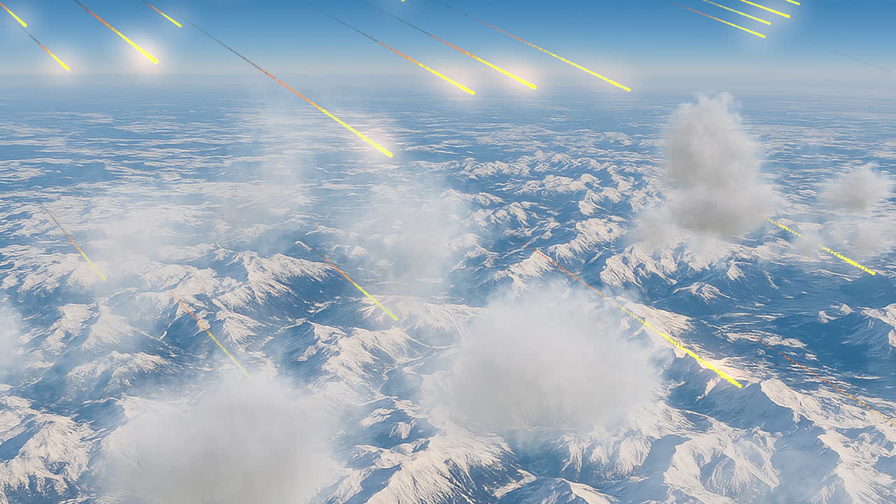 Meteors streaking above green mountains