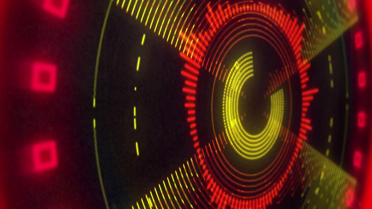 animazione di un display luminoso 3d circolare rosso e giallo che lampeggia e ruota su sfondo nero