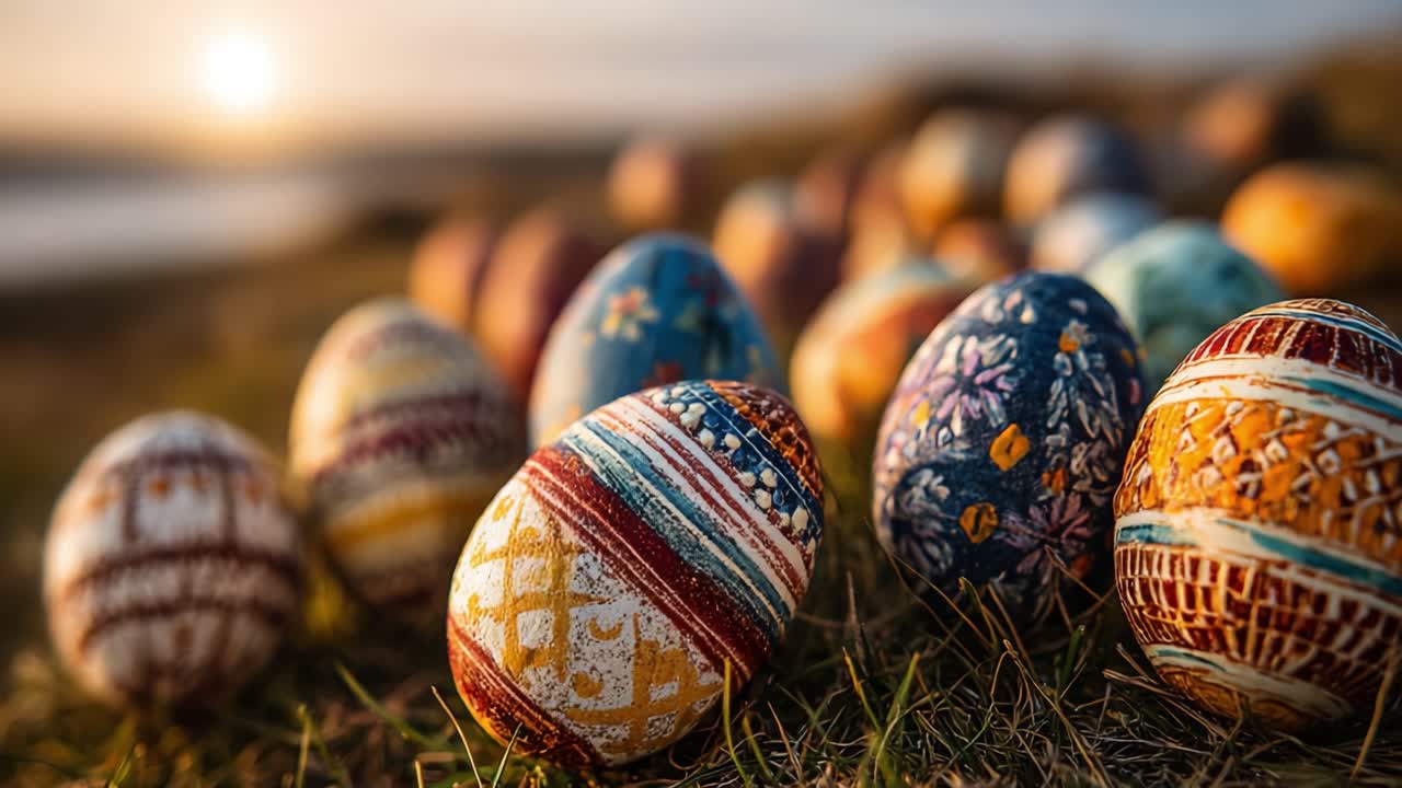 A Stunning Collection of Beautifully Decorated Easter Eggs Nestled on Lush Green Grass with a Serene Sunset in the Background, Symbolizing Spring and Celebration