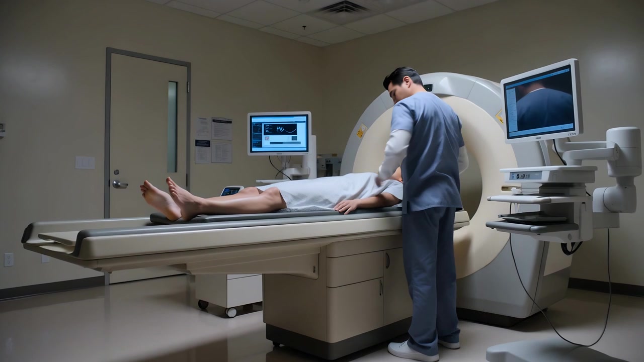 Approaching right, technician scrub-clad adjusting patient on CT table at gantry preparing for scan