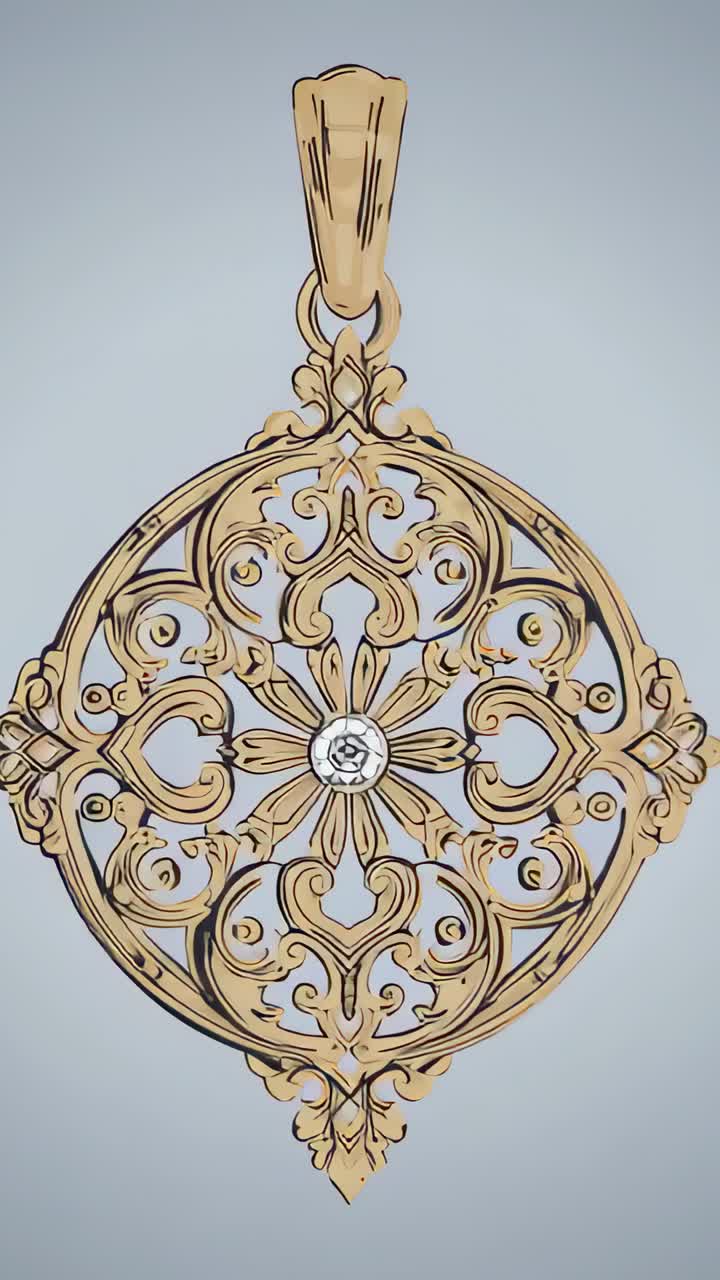 Vertical video: Rotating ornate pendant hanging, revealing bail and central gem on gray backdrop
