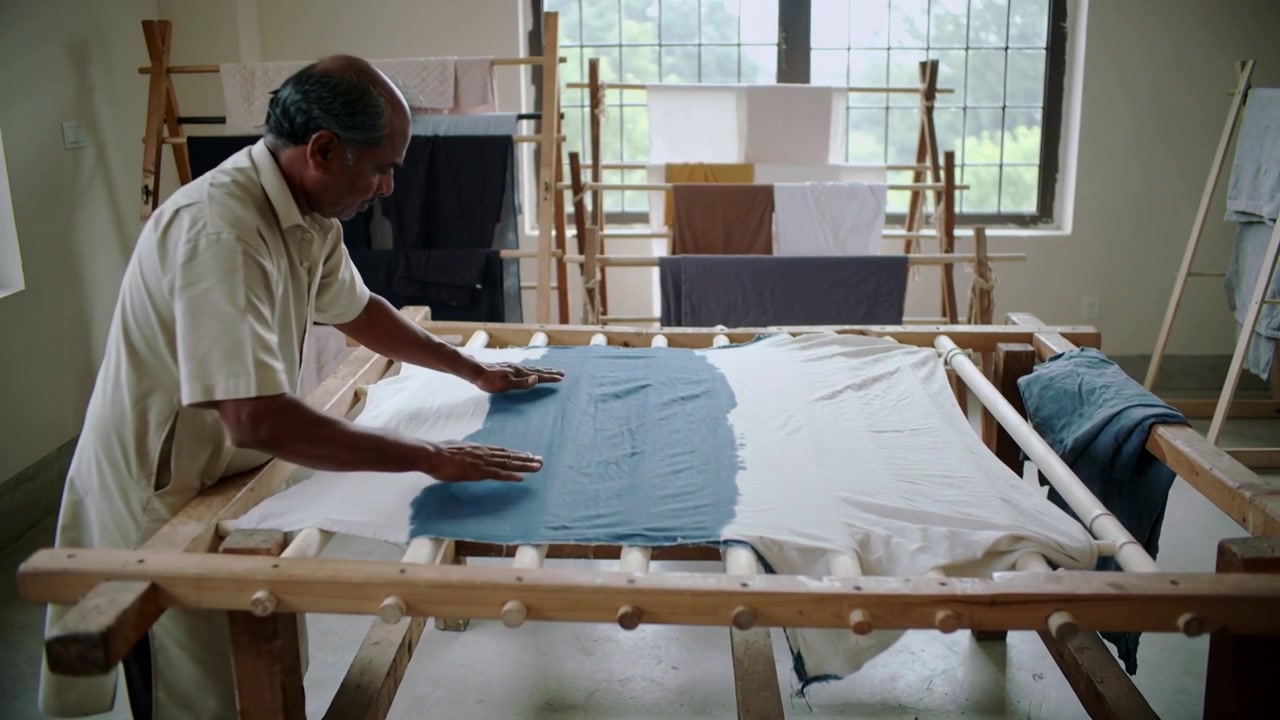 Leaning placing palms, short-sleeved artisan leveling blue dye on cloth at workshop, copy space
