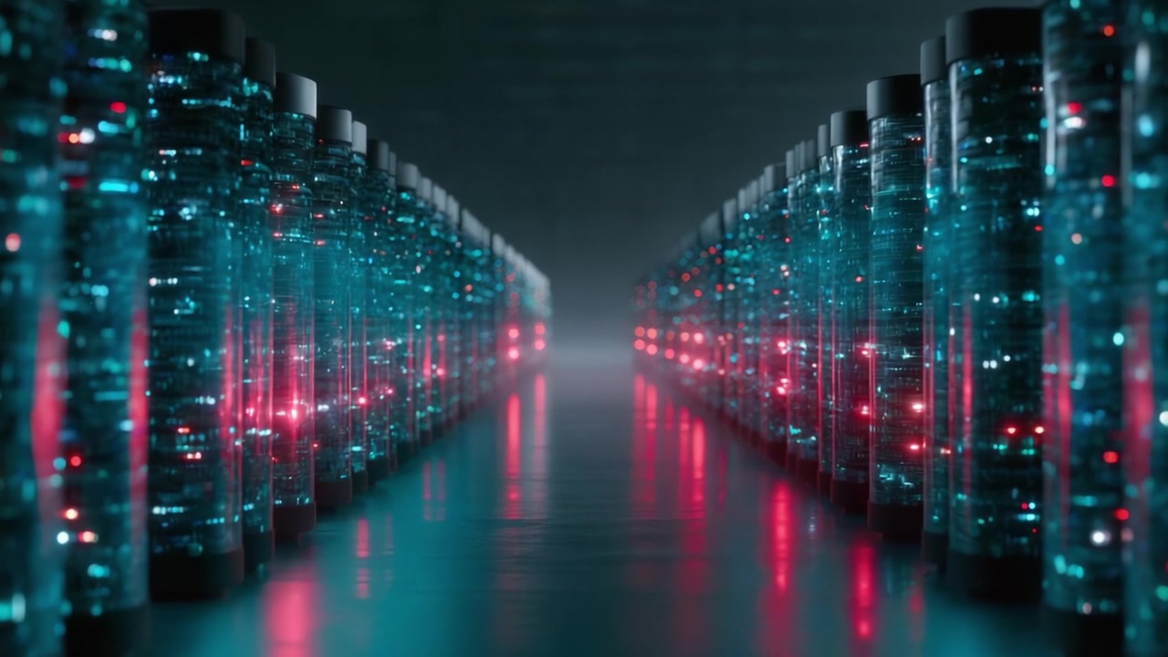A Stunning Visual of Futuristic Data Storage Technology with Gleaming Cylindrical Units Illuminated by Red and Blue Lights Creating an Awe-Inspiring Digital Landscape