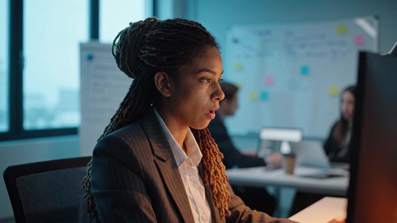 Focused Woman Working in Office Environment, Engaged with Computer, Multi-tasking in Professional Setting with Colleagues in Background, Evening Atmosphere