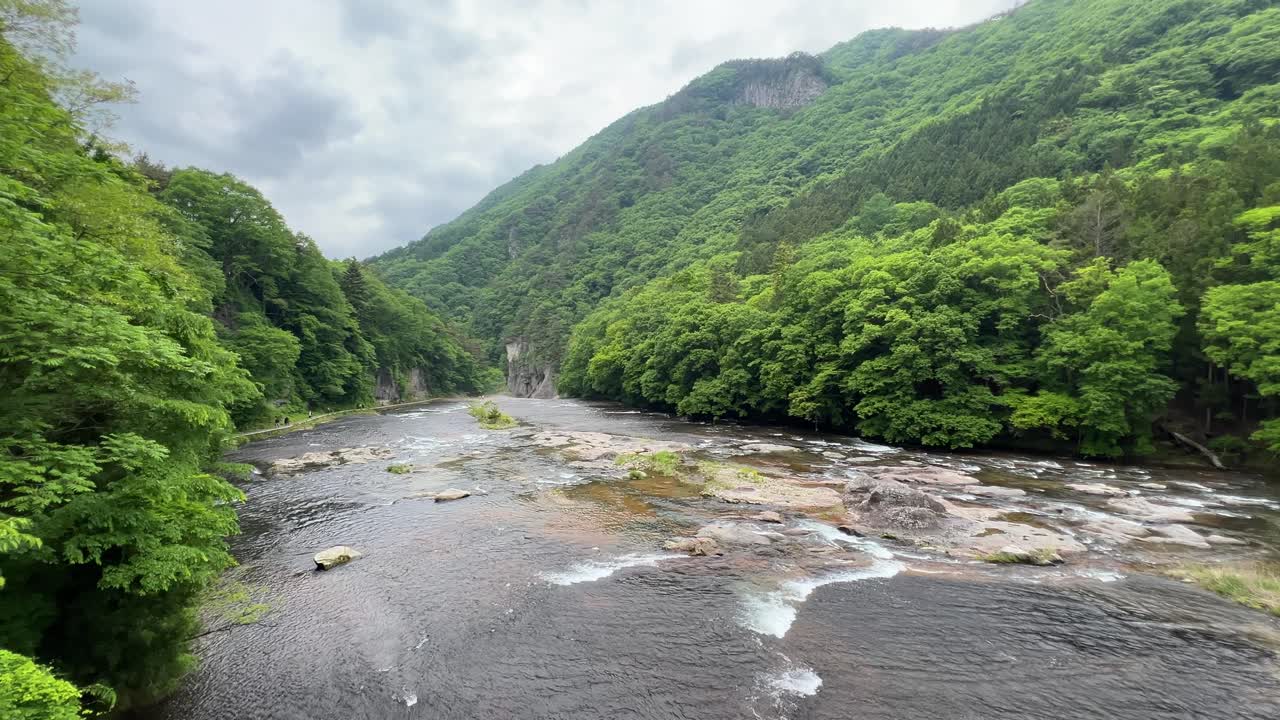 Beautiful panorama over Fukiware waterfalls in Gunma on cloudy day