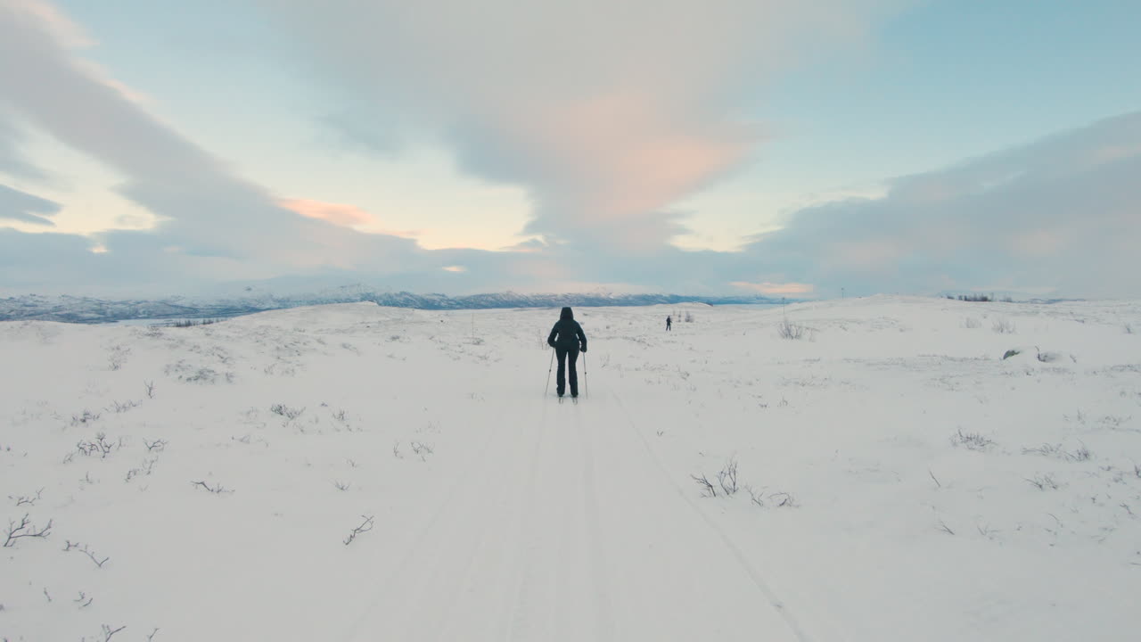 카메라는 스웨덴 북부의 눈 덮인 산의 스키 트레일에서 여성 크로스컨트리 스키어를 따라갑니다.
