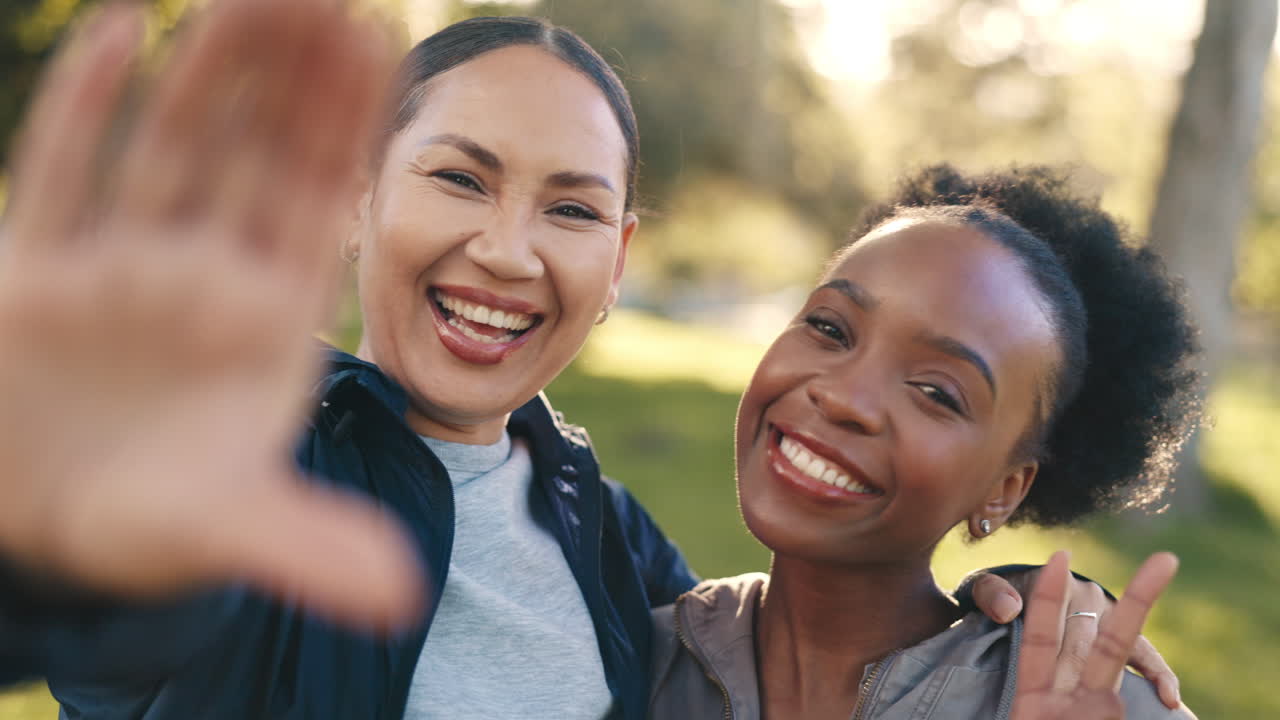 Selfie, fitness and friends laughing in the park