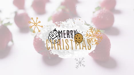 Festive ornaments and Merry Christmas text over strawberries background in animation