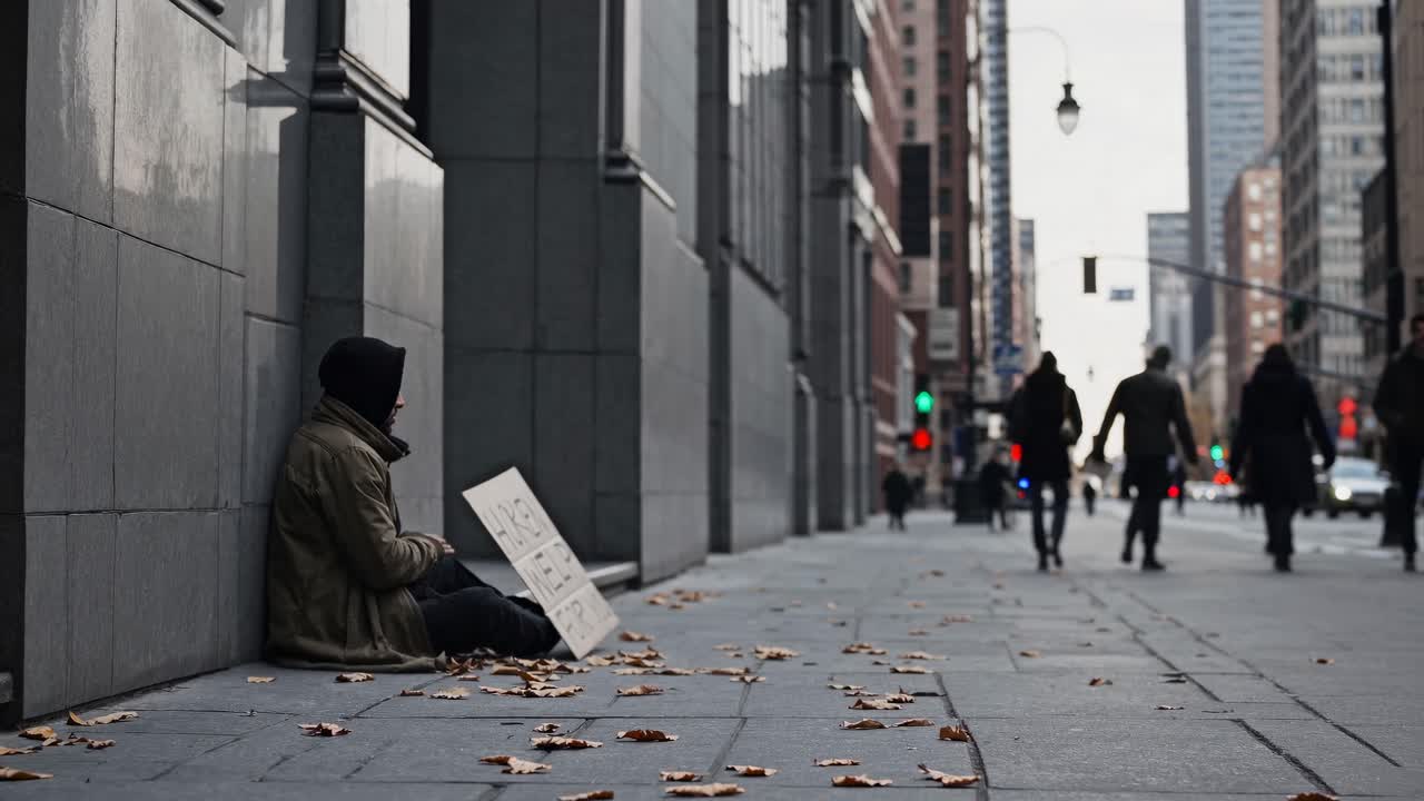 Urban street video scene with a low-angle view of a person sitting against a building