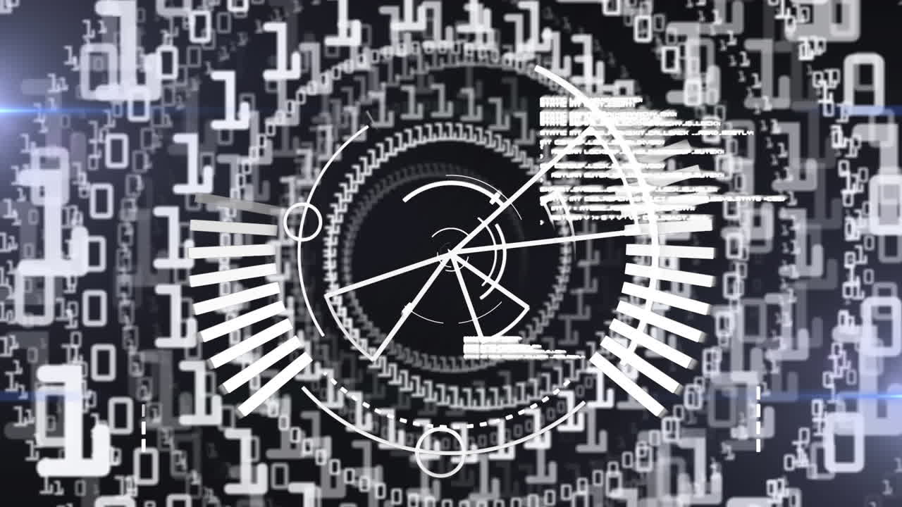 Animation of multiple circles made of numbers with shapes spinning data and information