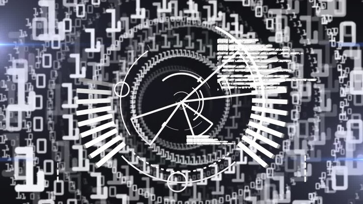 Animation of multiple circles made of numbers with shapes spinning data and information