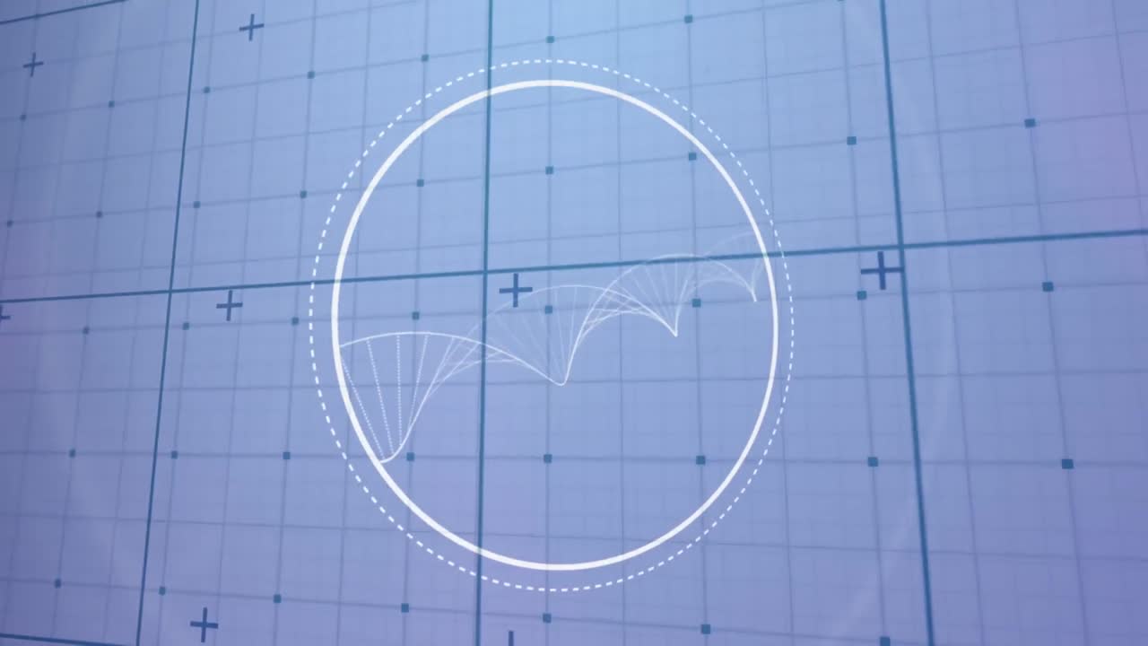 회색 배경에 그리드 위에 회전하는 dna 나선과 함께 원형 스캐너의 애니메이션