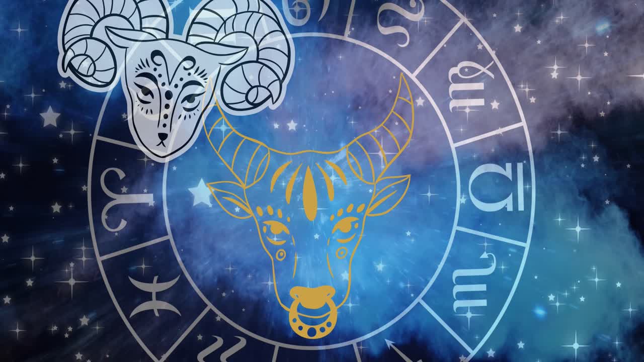Animatie van horoscoopsymbolen boven sterren op blauwe achtergrond