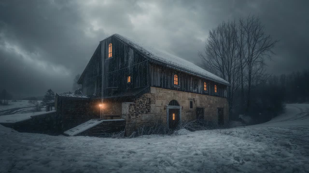 Die Kamera schwenkt langsam und bringt eine zweistöckige Scheune in einem schneebedeckten Feld nach vorne, wodurch warm beleuchtete Fenster sichtbar werden