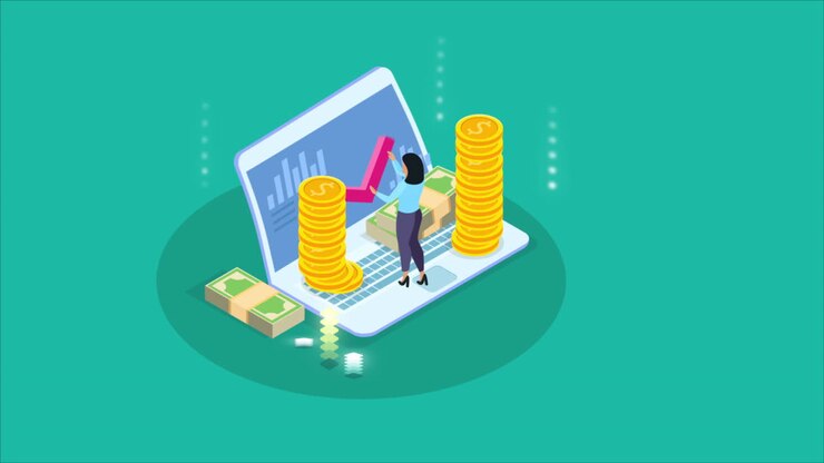 donna in piedi sul portatile con grafico di crescita e denaro