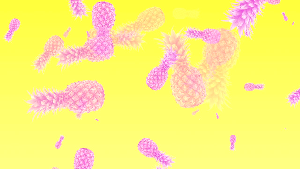 Pink pineapples are falling yellow background at pop art movie