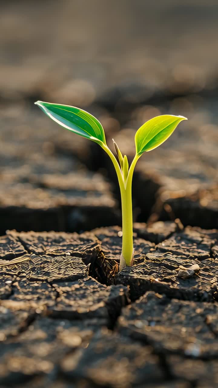 Video vertical: Única plántula verde germinando y brotando a través de tierra agrietada, con hojas desplegándose.