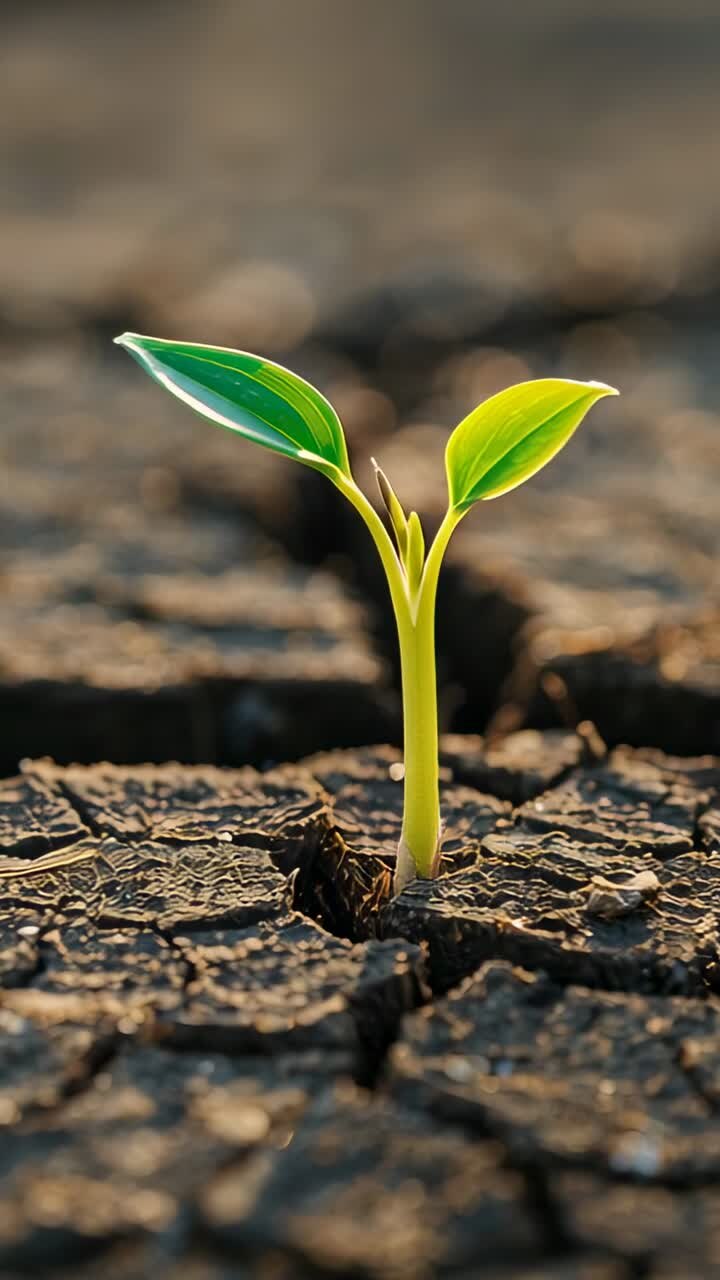 Vertical video: Germinating single green seedling pushing up through cracked soil, leaves unfolding