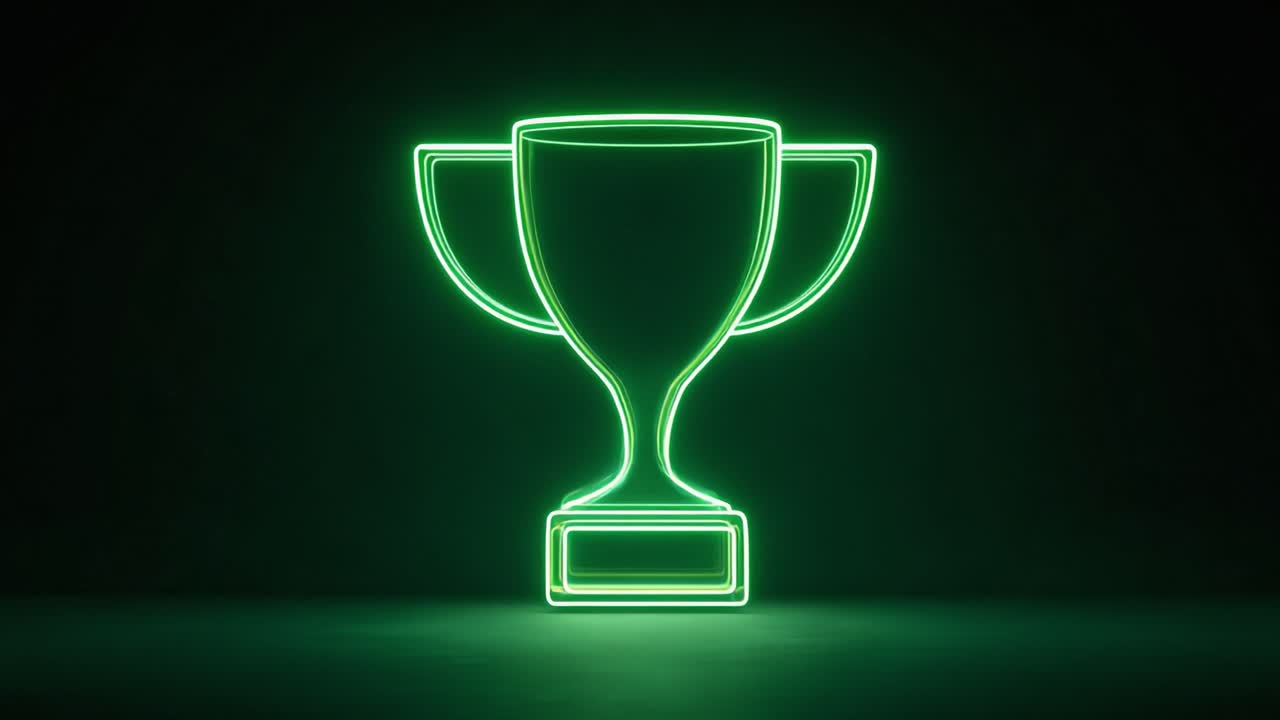 Neon trophy cup sign with a green glow rotating in a dark space. Representing the concepts of victory. Success. And achievement in competition. Sports. Or business with a modern and vibrant aesthetic