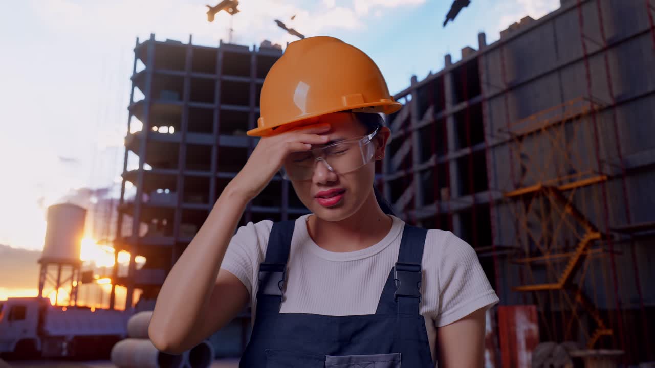 Close Up Of Asian Woman Worker Wearing Goggles And Safety Helmet Having A Headache While Standing At Construction Site