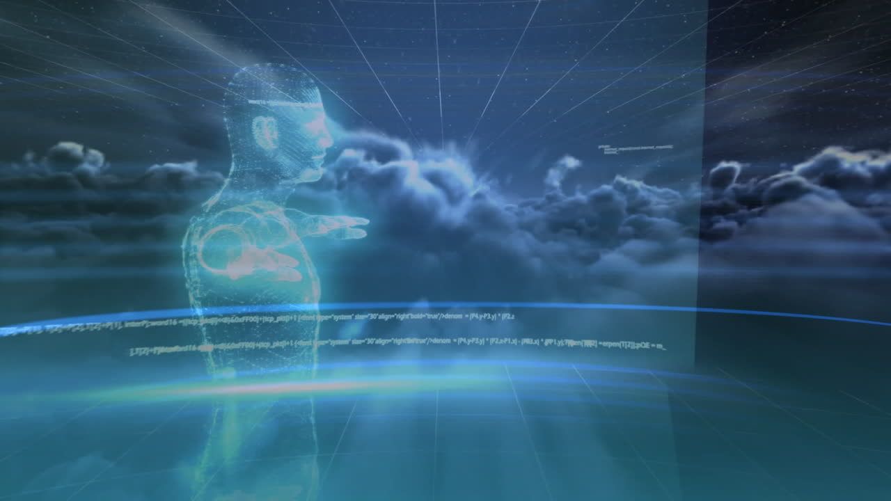 검은 바탕의 구름 위에서 데이터 처리와 디지털 인간의 애니메이션