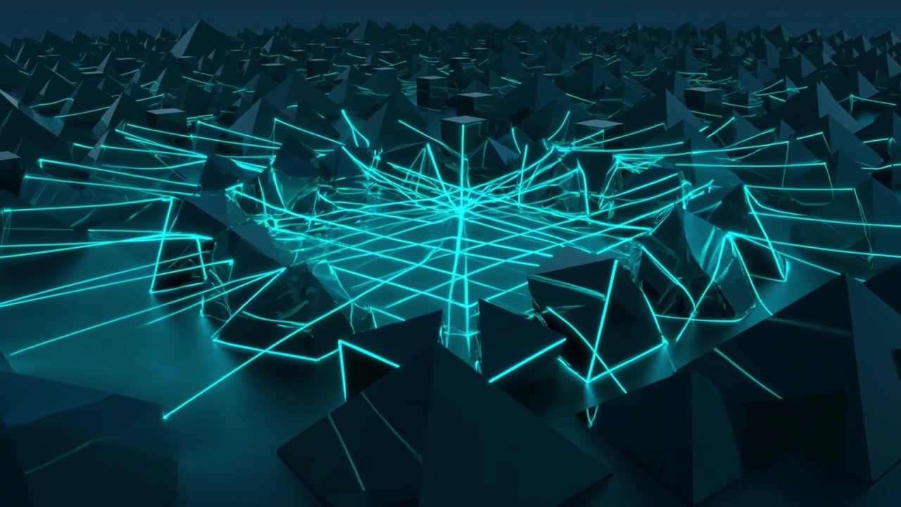 Abstract 3D Animation of Glowing Cyan Light Lines Spreading Across Geometric Pyramids