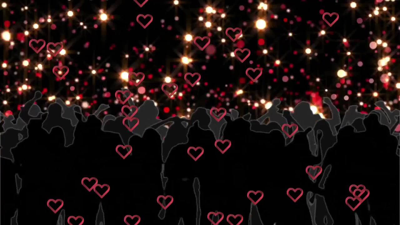 Small hearts appearing among silhouettes starting crowd dancing and swaying creating party vibe