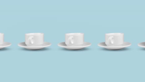 many empty white coffee cups animated on a pastel blue background. seamless looping of realistic 3d food and drink. minimal motion design art