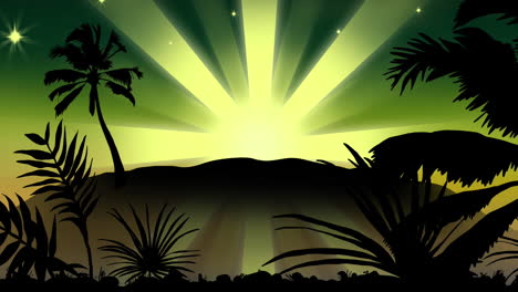 animación de silueta negra de un paisaje tropical sobre el sol que brilla sobre un fondo verde