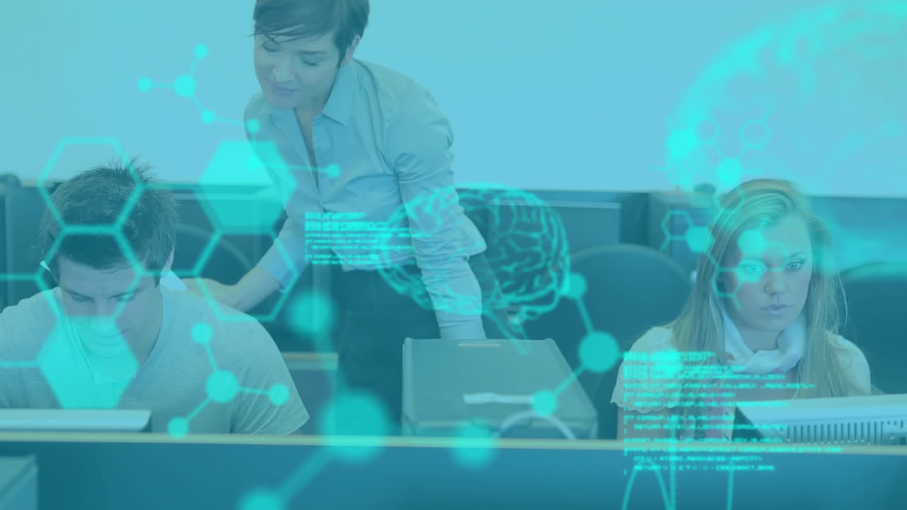 컴퓨터를 사용하는 학생 그룹에 대한 데이터 처리 애니메이션