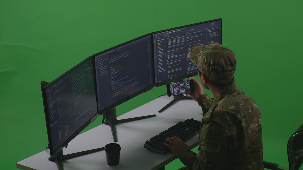 Side View Of Asian Man Soldier Developer Working With Mobile Phone While Write Code With Multiple Computer Screens In Green Screen Studio