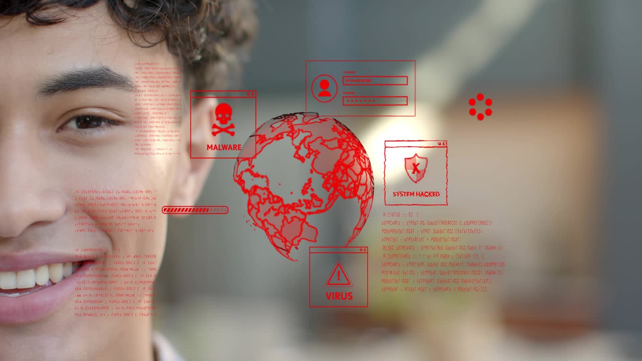 Adult male opening eyes and smiling, reacting to AR rotating globe appearing with security warnings