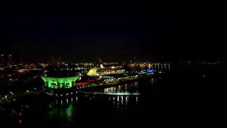 Vista-Nocturna-Del-Horizonte-De-Una-Ciudad-Con-Edificios-Iluminados-Que-Se-Reflejan-En-El-Agua,-Vibrante-Y-De-Alto-ángulo