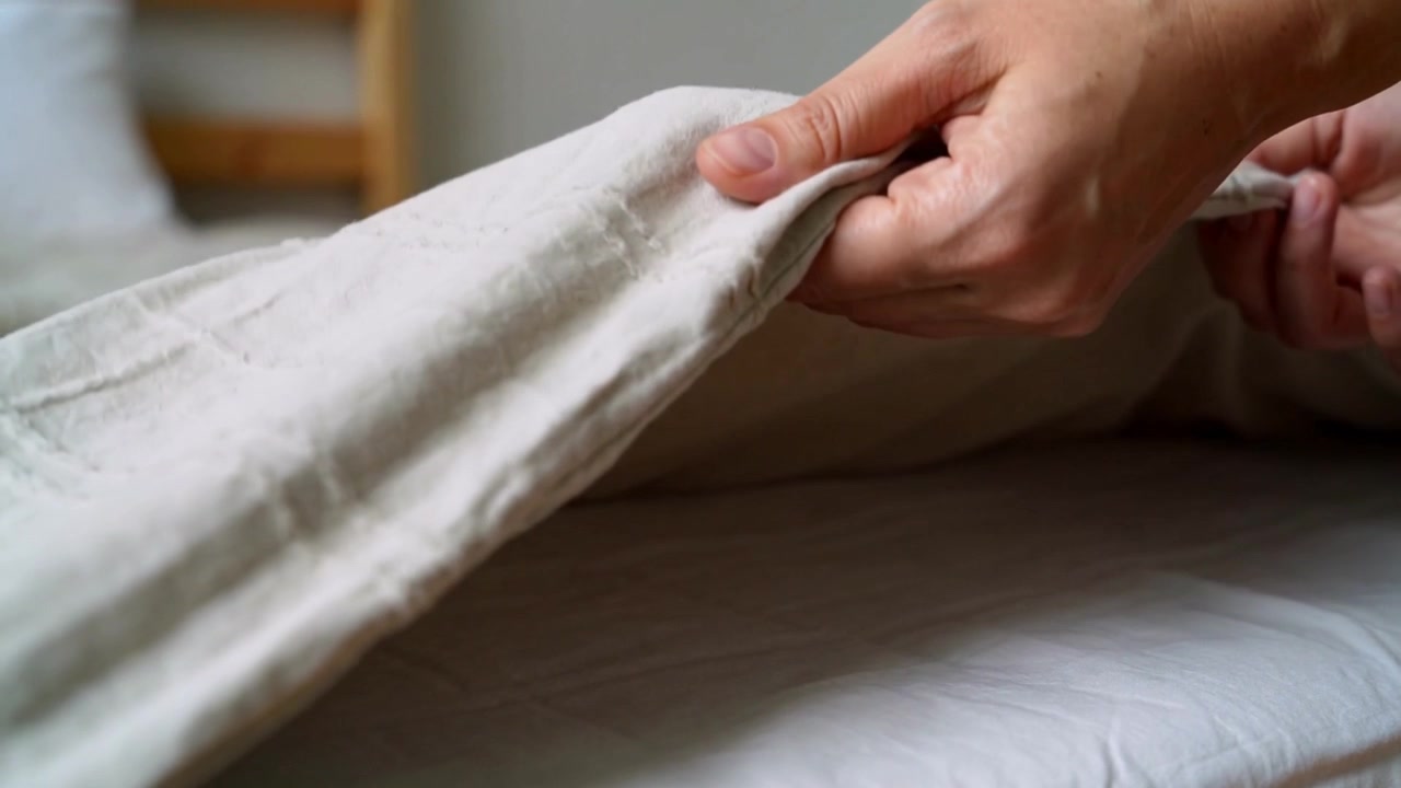 Mani adulte che pizzicano, sollevano, tirano, fanno scorrere e lisciano una coperta sul letto in camera da letto, appiattendola