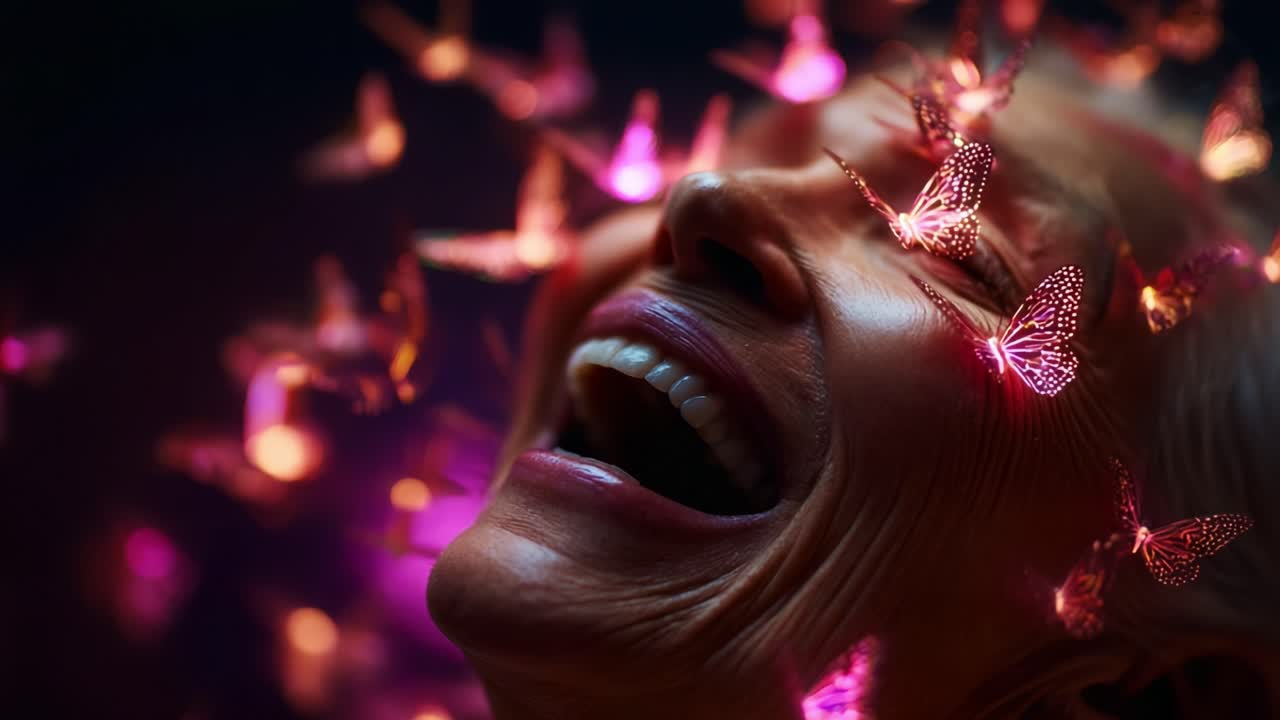 Joyful Moments: A Close-Up of a Woman's Exuberance Surrounded by Enchanting Butterflies, Capturing the Essence of Happiness, Freedom, and Natural Beauty in a Dreamlike Setting
