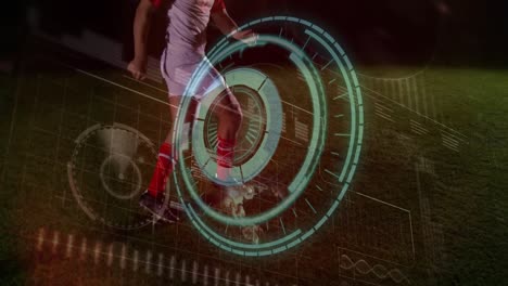 Animation-Der-Datenverarbeitung-Mit-Scope-Scanning-über-Einem-Fußballspieler,-Der-Den-Ball-Tritt