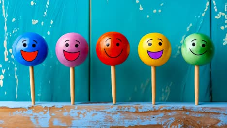 a row of colorful smiley faces on a wooden stick