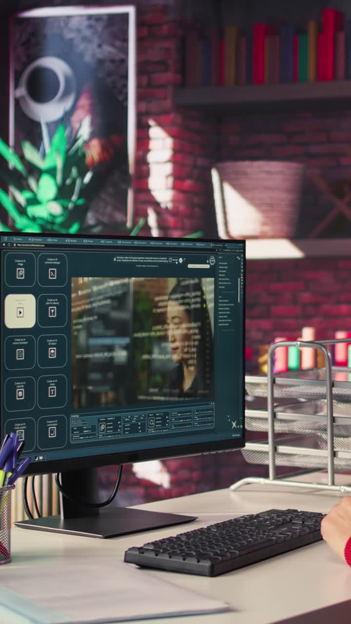 Vertical Video IT engineer at desk generating code algorithm with AI powered chat