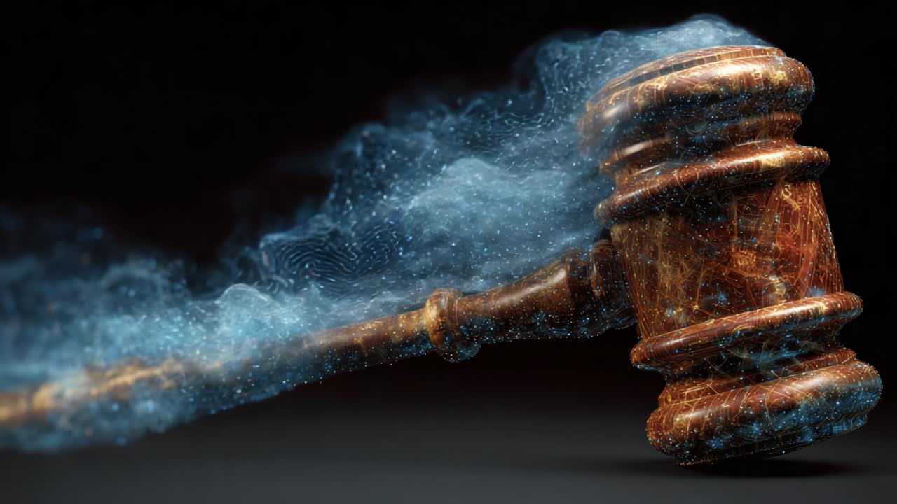 Una straordinaria rappresentazione artistica della giustizia: questo martelletto animato cattura l'essenza della legge e dell'ordine con fumo etereo ed elementi cosmici