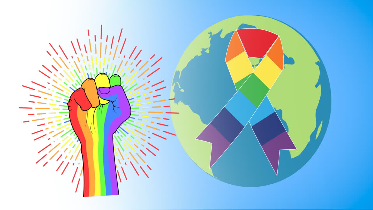 Animation of rainbow fist with rainbow ribbon and globe on blue background