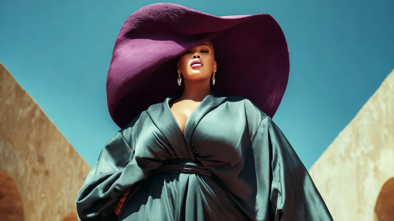 Captivating Fashion Moment: A Striking Portrait of a Model in a Flowing Robe and Oversized Purple Hat Against a Clear Blue Sky and Textured Background