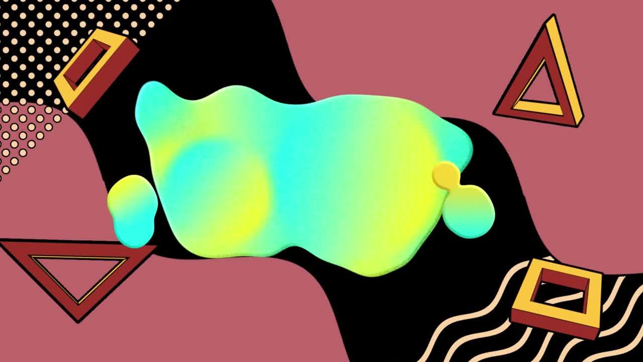 Animaatio liikkuvista, värikkäistä muodoista mustalla taustalla, tilaa tekstille.