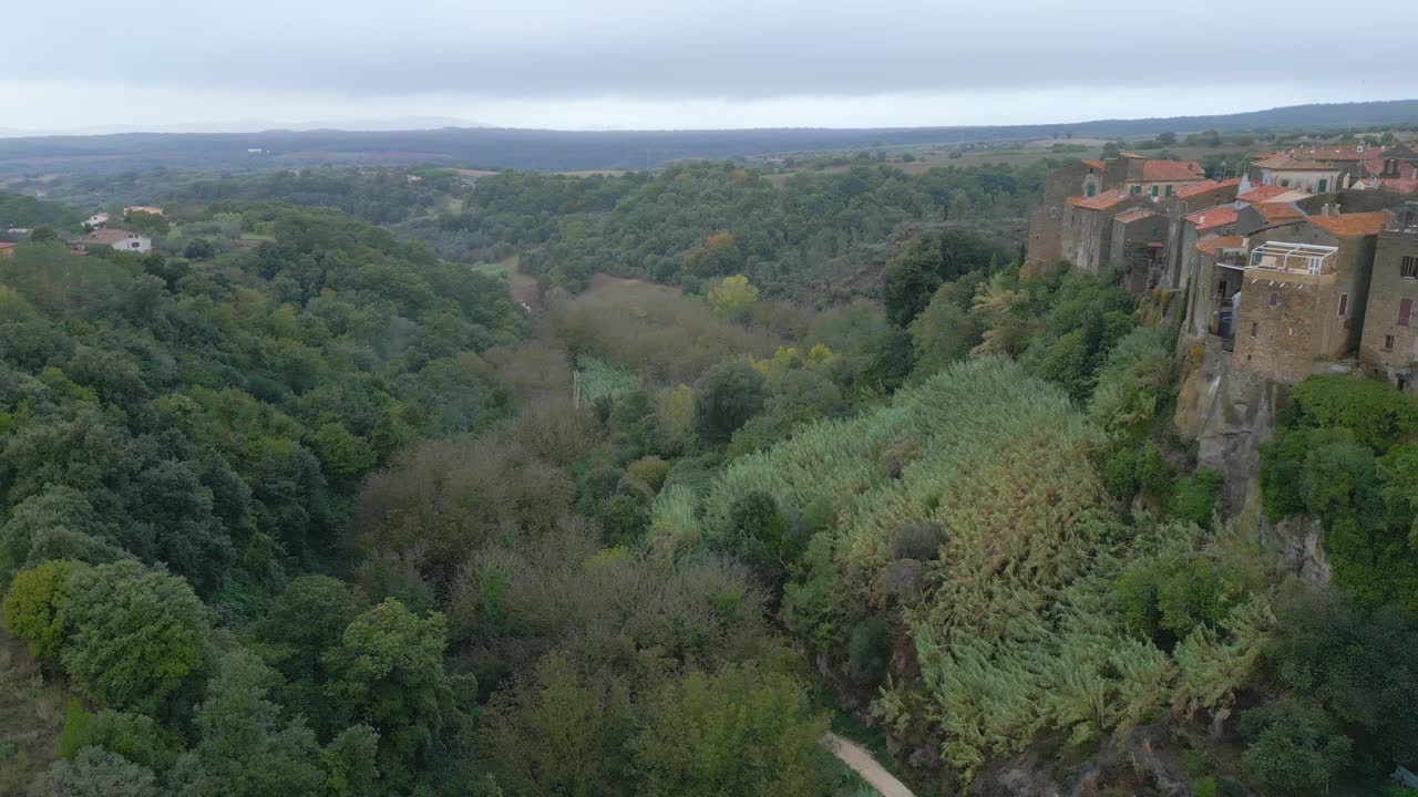 vista aérea de una ciudad medieval italiana y el bosque cercano a la primera luz en un día de otoño