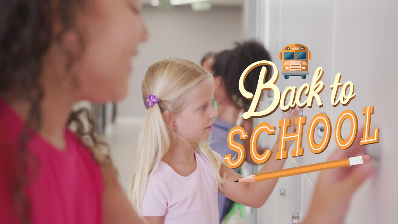 Animation of back to school text over diverse school children in classroom
