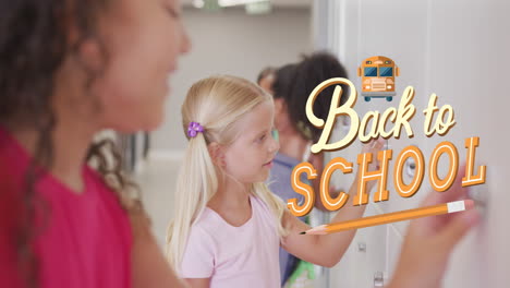 animation of back to school text over diverse school children in classroom