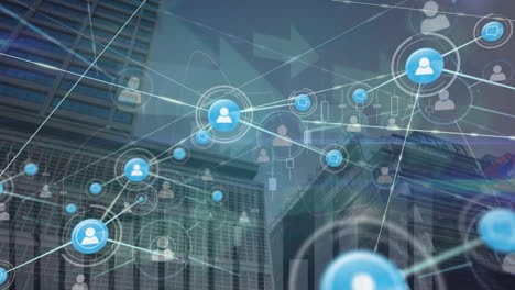 animation of network of connections over cityscape and arrows