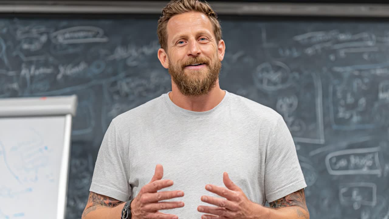 A confident speaker engages an audience, sharing insights in front of a chalkboard filled with diagrams and notes, creating an interactive learning environment