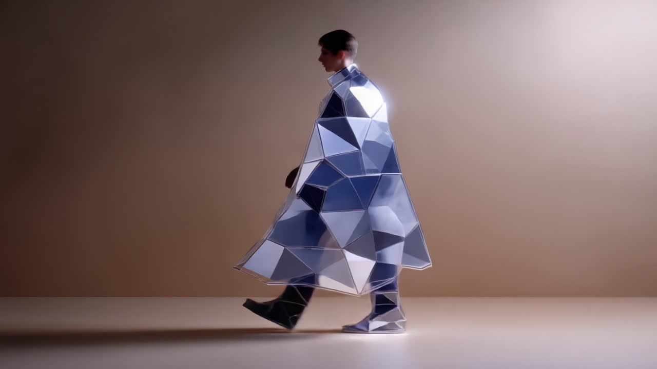 En surrealistisk rejse: En stiliseret figur draperet i geometriske refleksioner, indfanget i en minimalistisk setting, der fremkalder en følelse af modernitet og kunstnerisk innovation